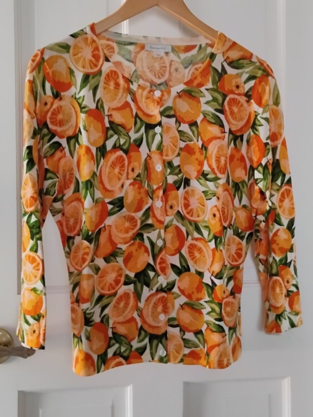 Garnet Hill Merino Wool Oranges 3/4 Sleeve Cardigan Sweater Size L in EUC